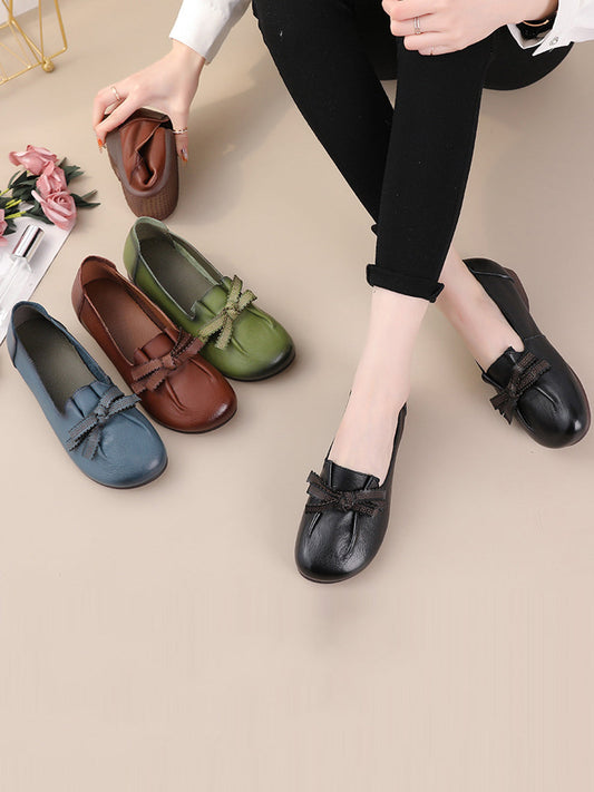 Women Summer Solid Bowknot Spliced Leather Shoes