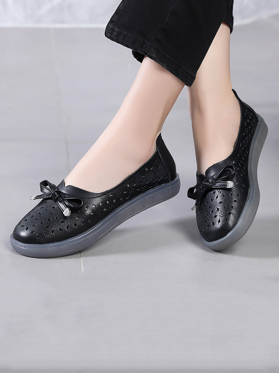 Summer Solid Cutout Leather Flat Shoes