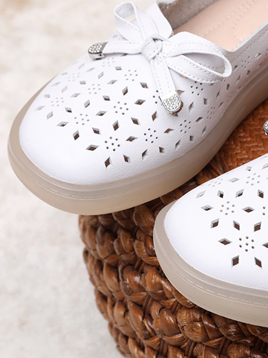 Summer Solid Cutout Leather Flat Shoes