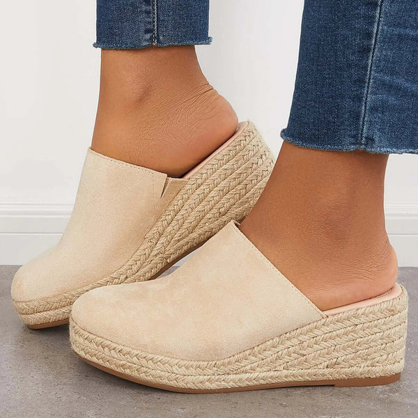 Fashion Suede Closed Toe Slip On Backless Wedge Heels