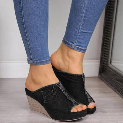 Thick bottom denim wedges