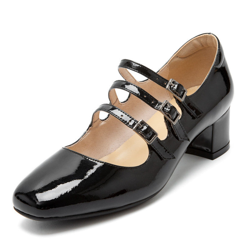 Women's Patent Leather Low Heels Buckle Square Toe Shoes