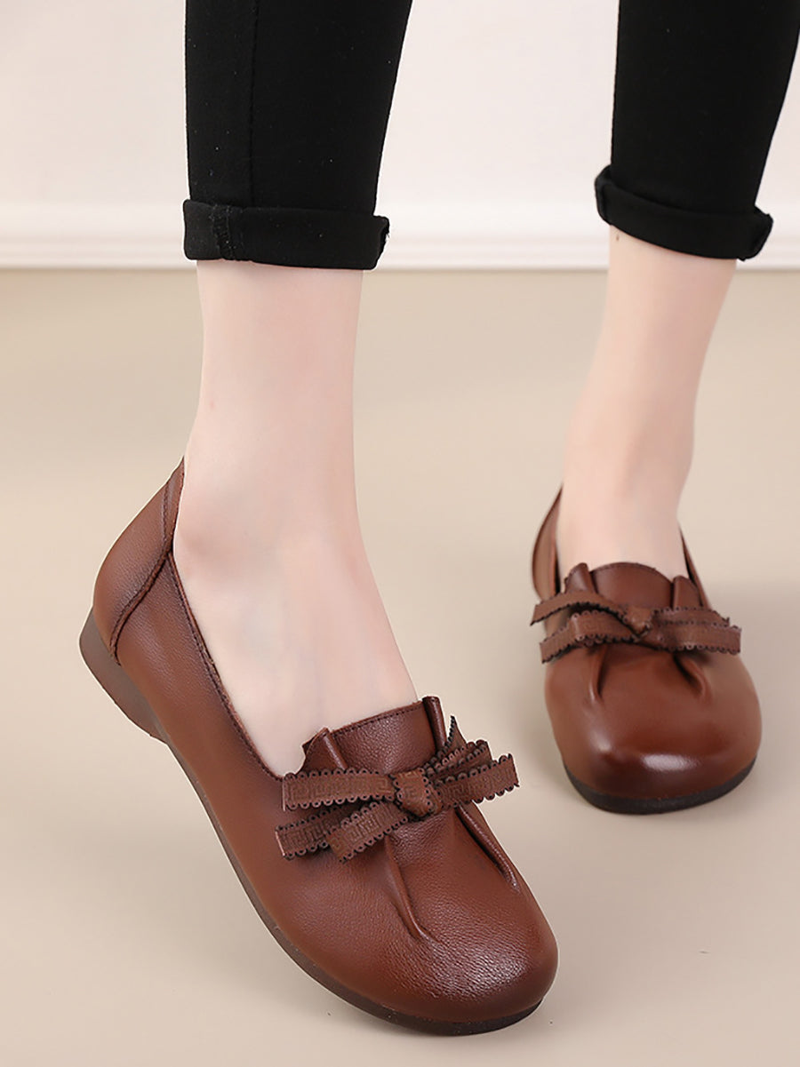 Women Summer Solid Bowknot Spliced Leather Shoes