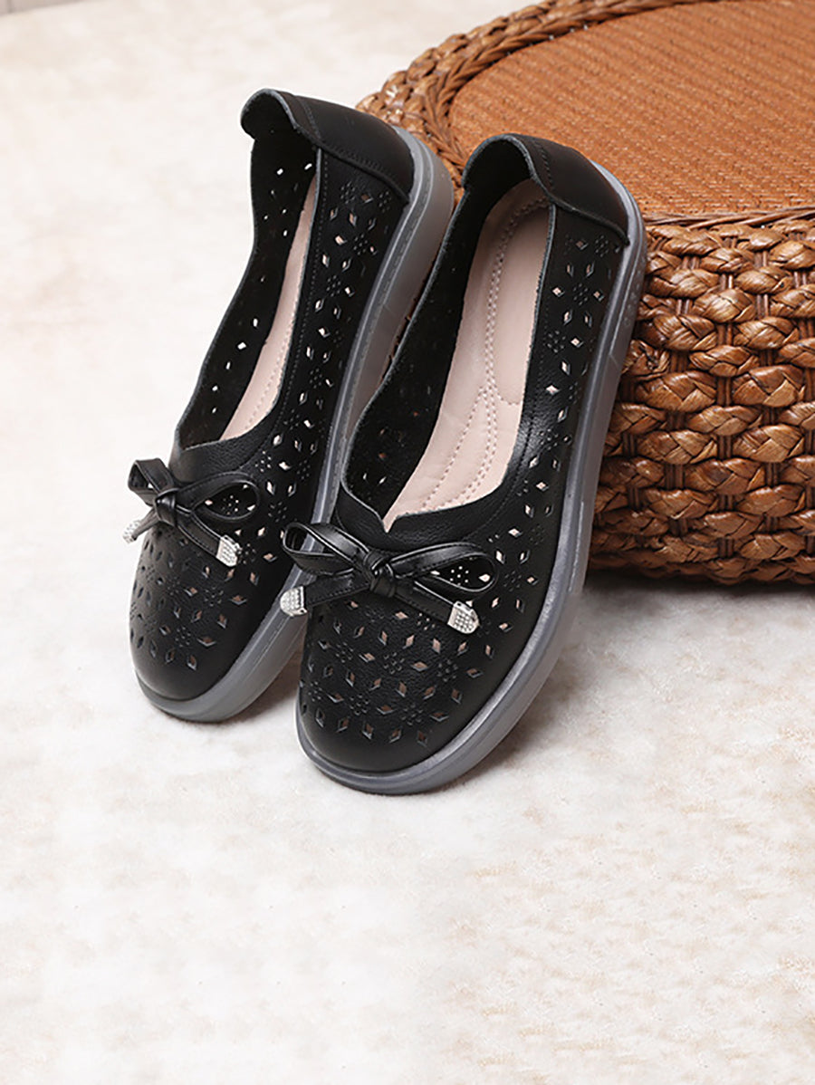 Summer Solid Cutout Leather Flat Shoes