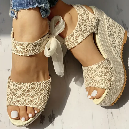 Lace Up Peep Toe Wedges Heels