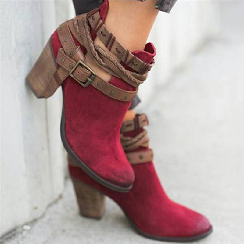 Plus Size Chunky Buckle Straps Ankle Heeled Boots - fashionshoeshouse