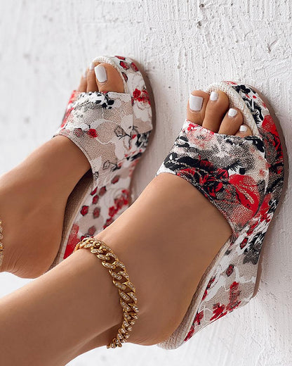 Vintage Floral Print Peep Toe Wedge Slippers