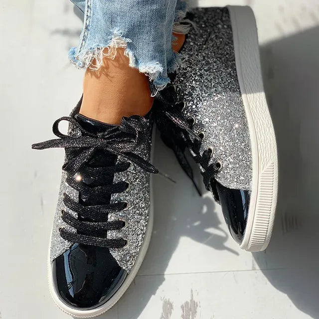 Women's Casual Breathable Lace-Up Glittery Sneakers