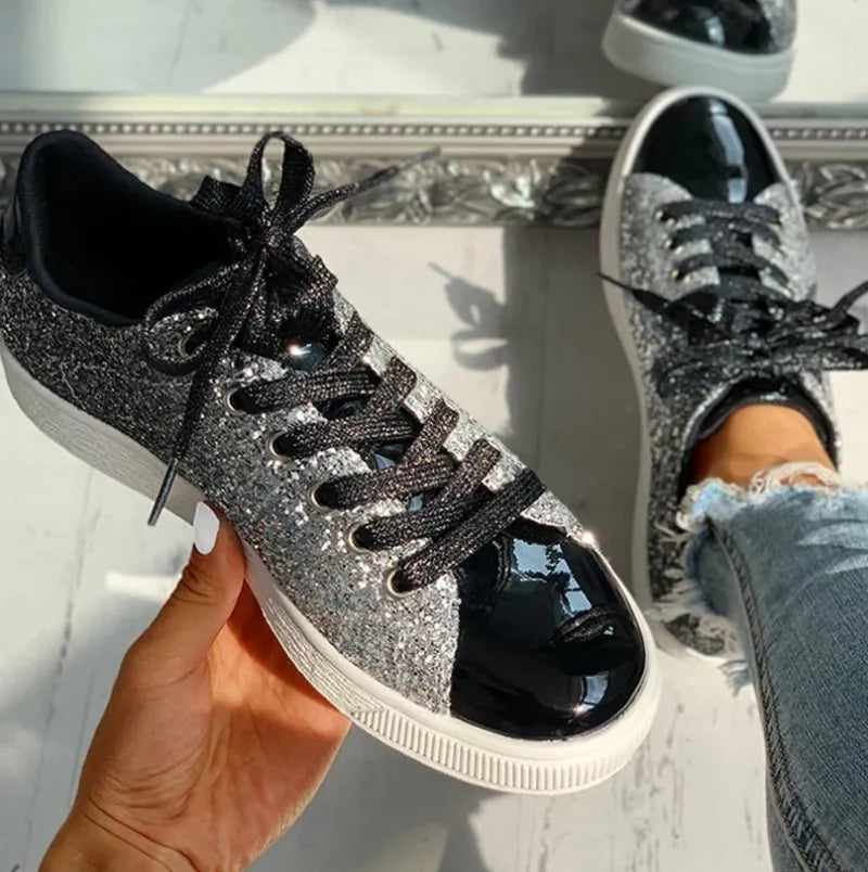 Women's Casual Breathable Lace-Up Glittery Sneakers