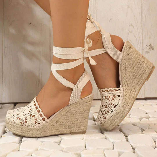 Linen Woven Cross Strap Wedge Sandals