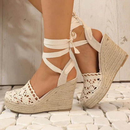 Linen Woven Cross Strap Wedge Sandals