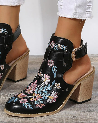 Floral Embroidery Studded Slingback Buckled Heels