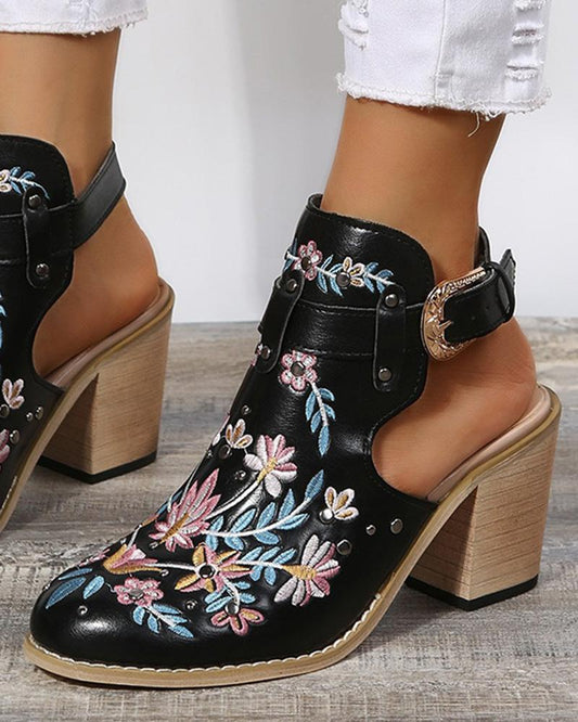 Floral Embroidery Studded Slingback Buckled Heels