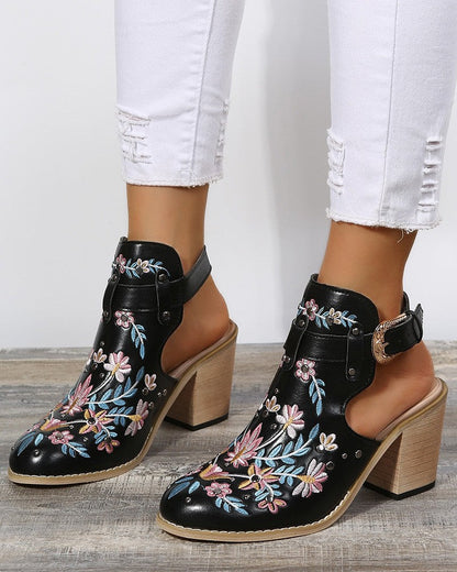 Floral Embroidery Studded Slingback Buckled Heels