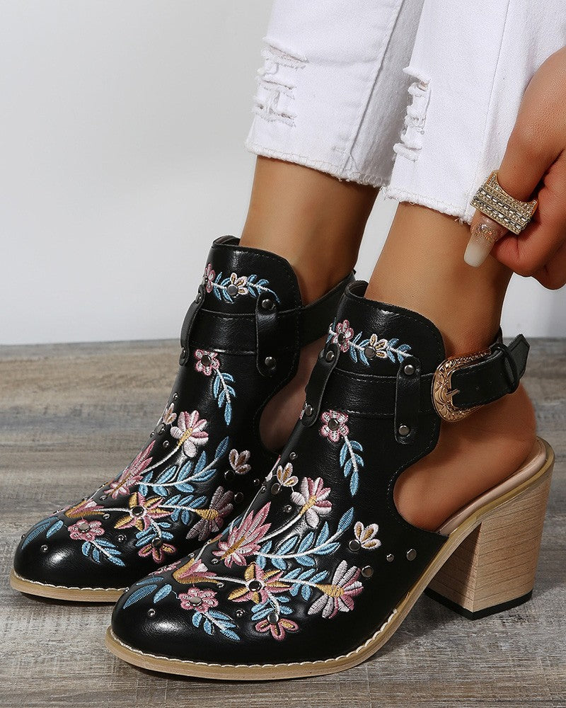 Floral Embroidery Studded Slingback Buckled Heels