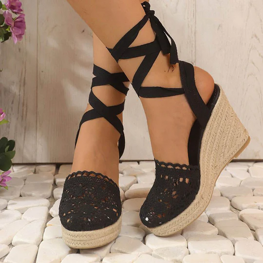 Linen Woven Cross Strap Wedge Sandals