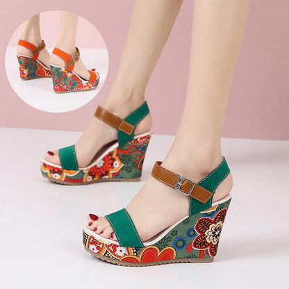 Floral Embroidered High Wedge Sandals