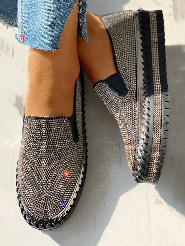 Rhinestone Platform Slip On Shoes - ECHOINE