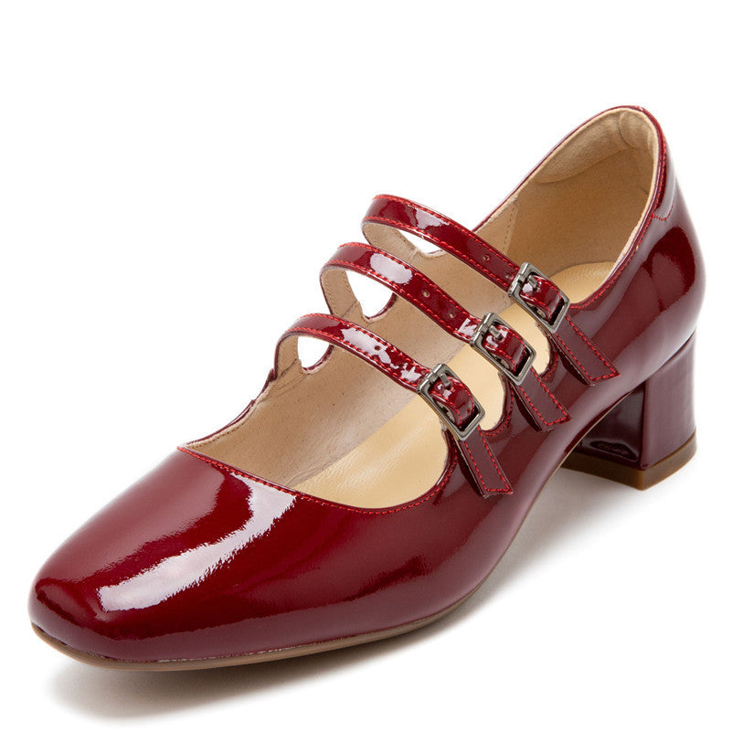 Women's Patent Leather Low Heels Buckle Square Toe Shoes