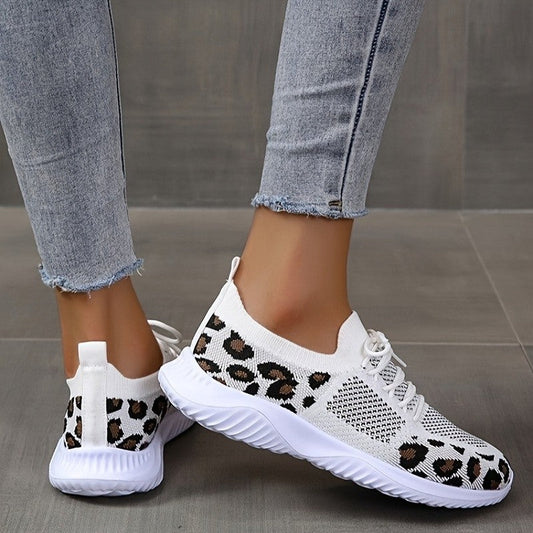 Womens Leopard Printed Mesh Sneakers