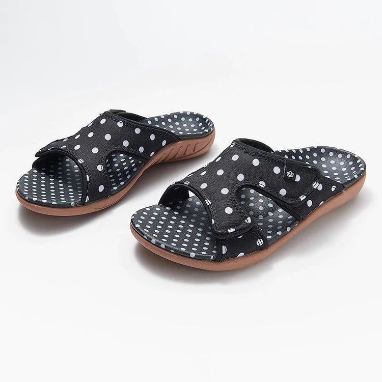 Polka Dot Print Open Toe Hook Loop Flat Sandals