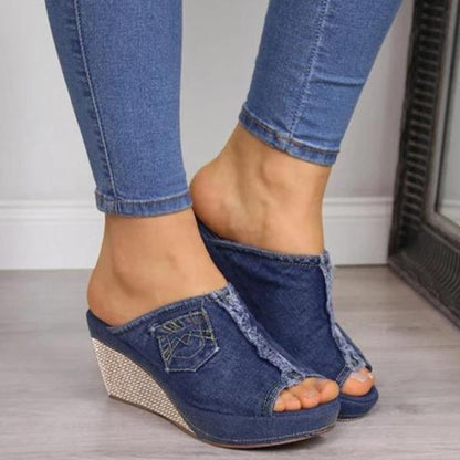 Womens Denim Wedge Sandals