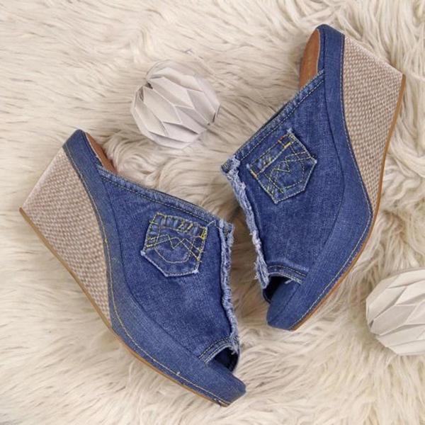 Womens Denim Wedge Sandals