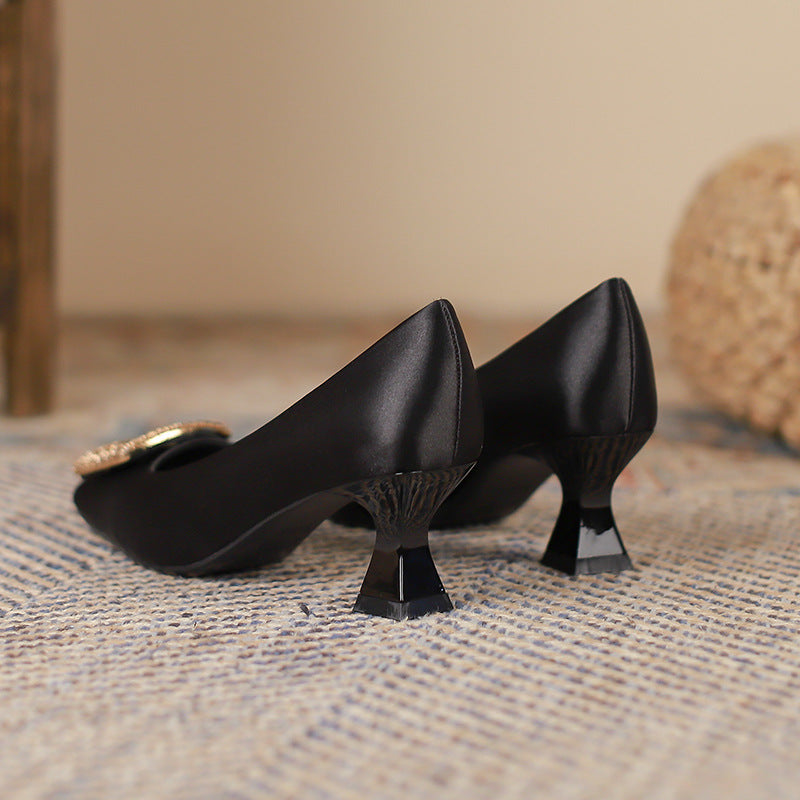 Women's Elegant Satin Black Rhinestone Square Toe Mid-Low Heel Pumps