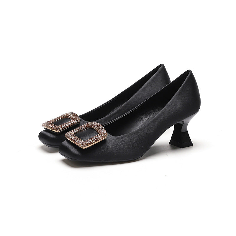 Women's Elegant Satin Black Rhinestone Square Toe Mid-Low Heel Pumps