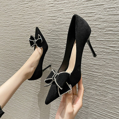 Formal Pointed Teen Rhinestone Bow Heels Stiletto