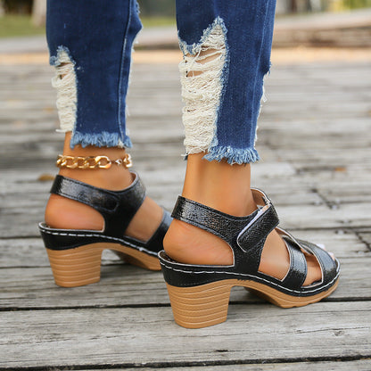 Metal Buckle Stitch Detail Chunky Heel Sandals