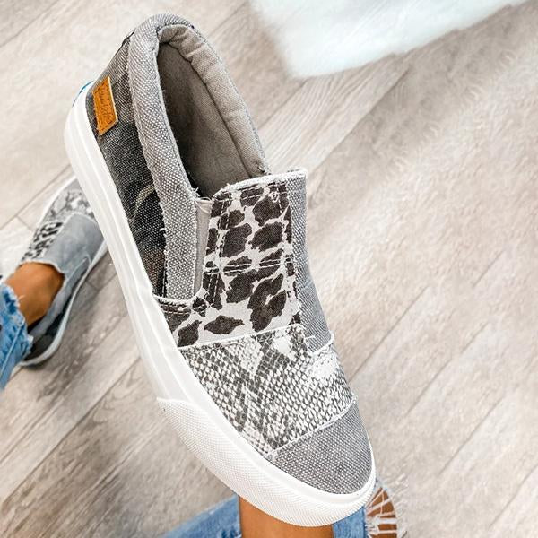 Pieced Raw Edge Animal Print Canvas Slip-On Flats Oshnow