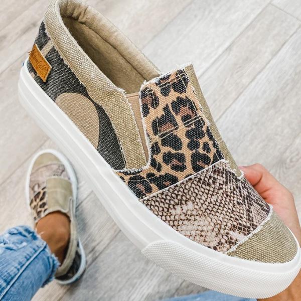 Pieced Raw Edge Animal Print Canvas Slip-On Flats Oshnow