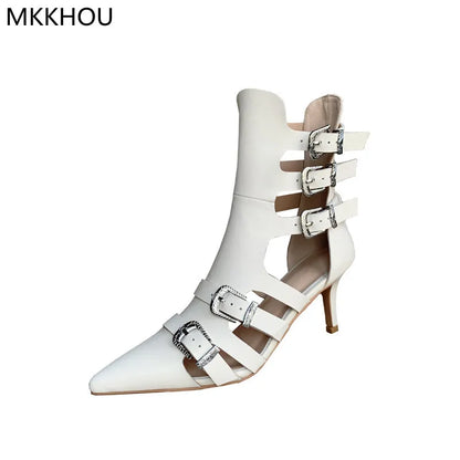 Leather Cutout High-Heeled Roman Sandals Boots