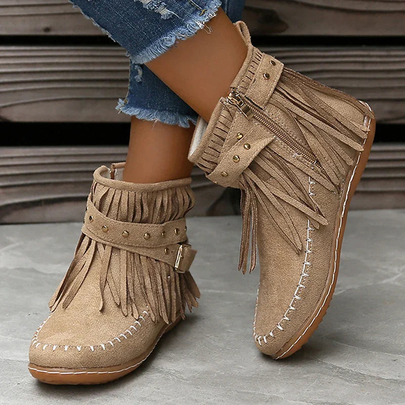 Bohemian Style Tassels Ankle Boots Women Retro Faux Suede Buckle Strap Short Boots Woman Plus Size 43 Flat Heels Western Botas