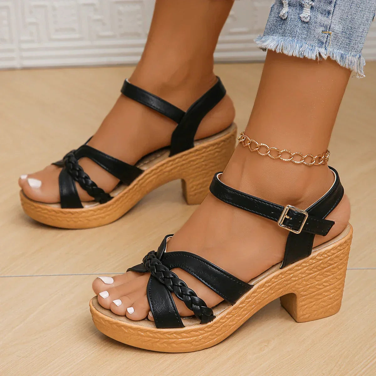 Camel Thick High Heels Sandals