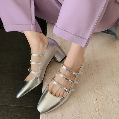 True Leather Thin Buckle High Heels