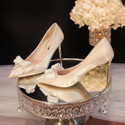 Rhinestone Bow White Wedding Shoes