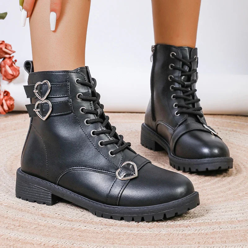 Black PU Leather Ankle Boots for Women 2024 Autumn Fashion Lace Up Size Zipper Short Boots Woman Metal Decor Low Heels Booties