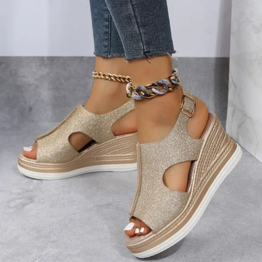 Glitter Golden Wedge Sandals