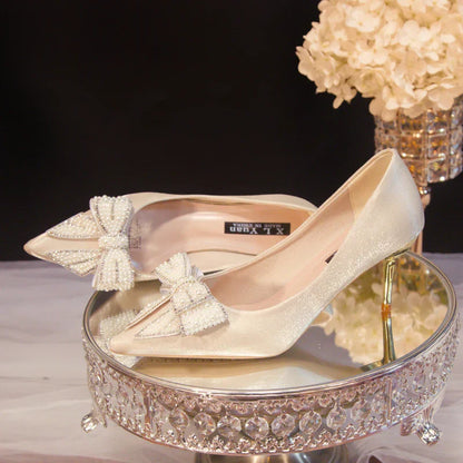 Rhinestone Bow White Wedding Shoes