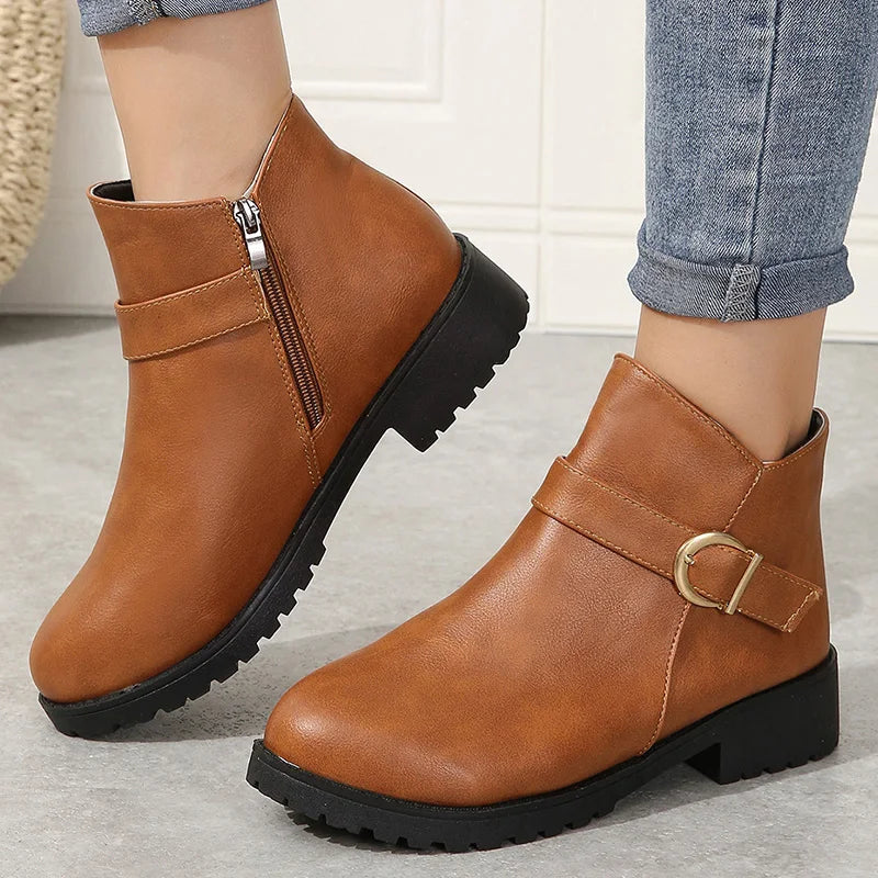 Retro Buckle Strap Ankle Boots Women Low Heels Brown PU Leather Boots Woman Autumn Side Zipper Platform Short Botas Mujer