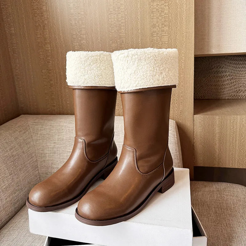 Genuine Leather Knee-Length Snow Boots