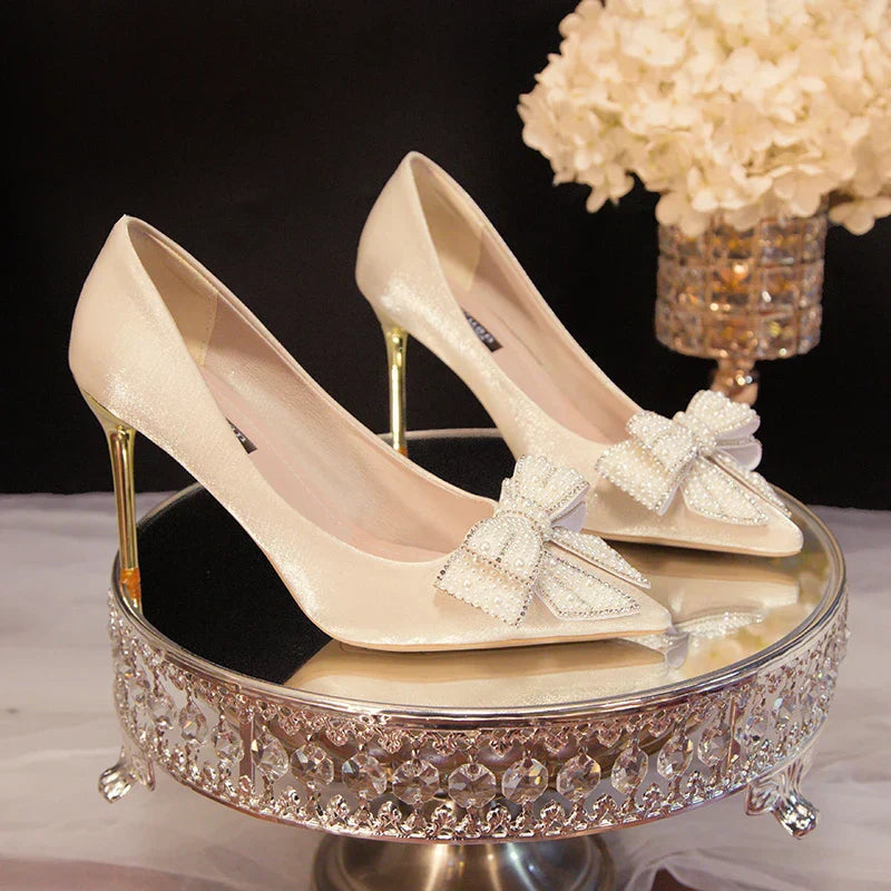 Rhinestone Bow White Wedding Shoes