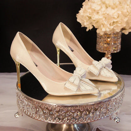 Rhinestone Bow White Wedding Shoes