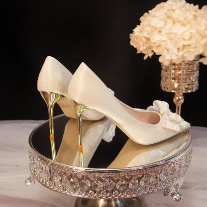 Rhinestone Bow White Wedding Shoes