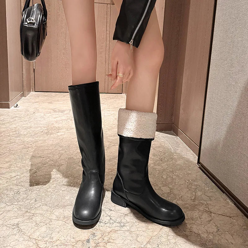 Genuine Leather Knee-Length Snow Boots