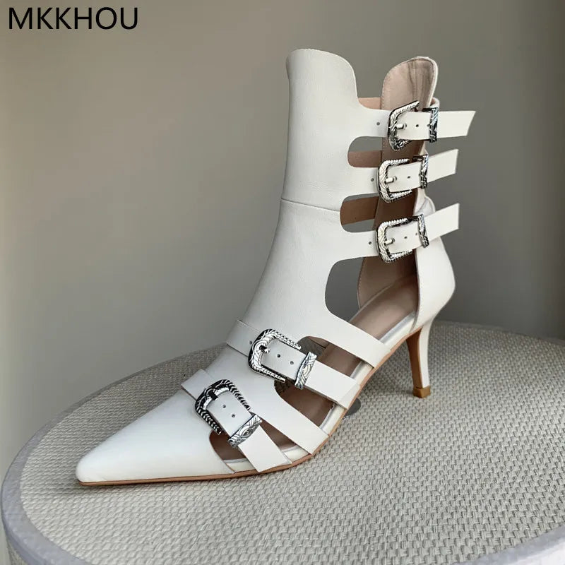 Leather Cutout High-Heeled Roman Sandals Boots