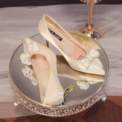 Rhinestone Bow White Wedding Shoes