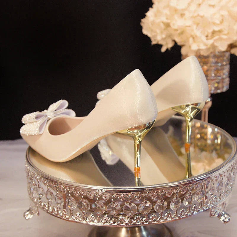 Rhinestone Bow White Wedding Shoes